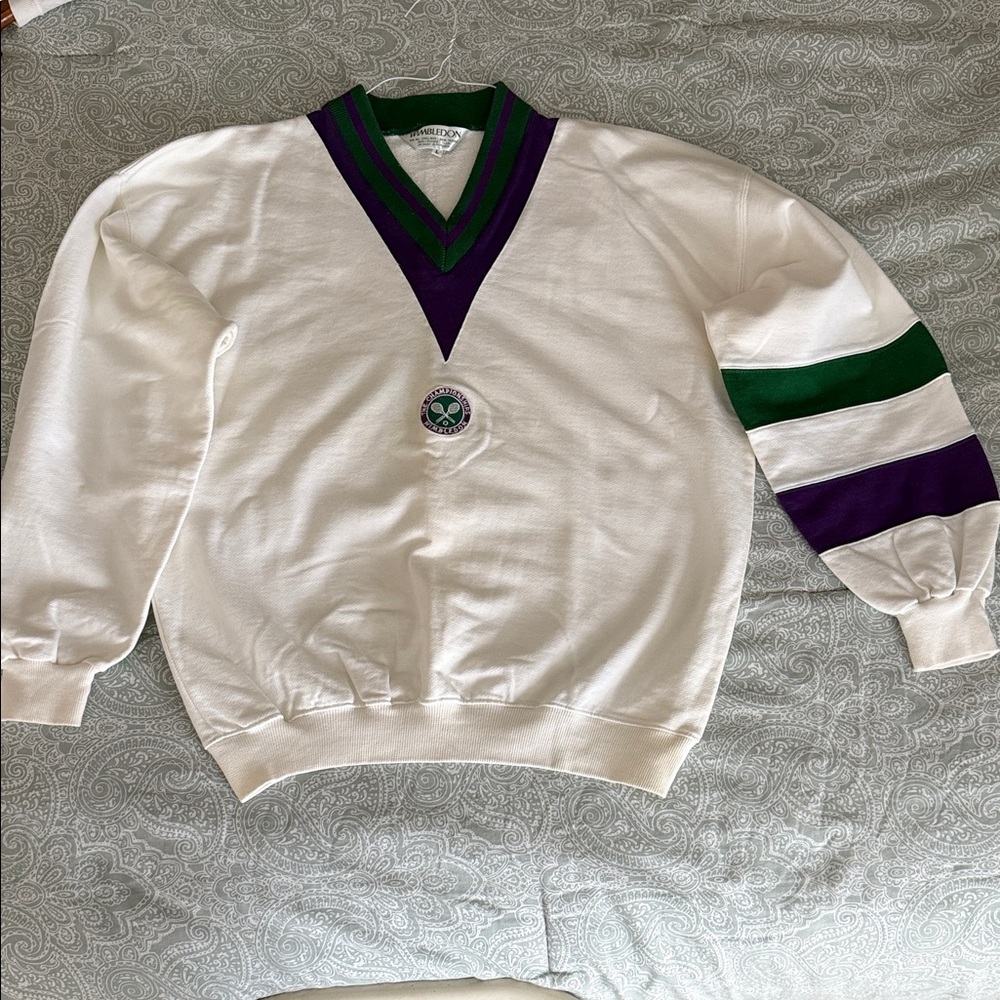 Wimbledon White V-Neck Sweaatshirt with Green & Purple Trim - Picture 2 of 6